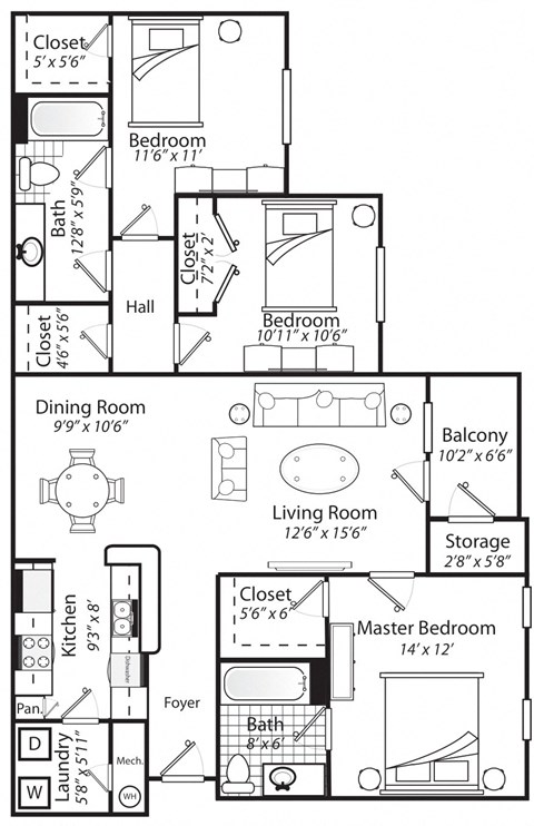 Floor plan for 3 beds, 2 baths, 1350 sqft